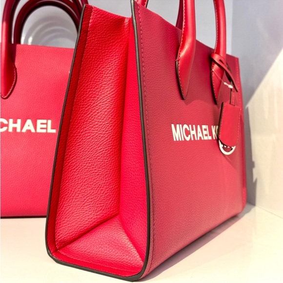 Michael Kors Mirella Medium Pebbled Leather Tote Bag Dark Raspberry Multi - Picture 5 of 9